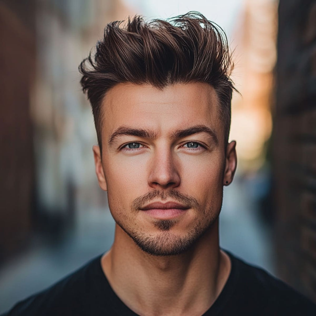 Man with a high-volume spiky pompadour hairstyle, combining classic volume with modern, messy spikes. His hair is styled with height and texture on top, creating a bold, stylish look that stands out.