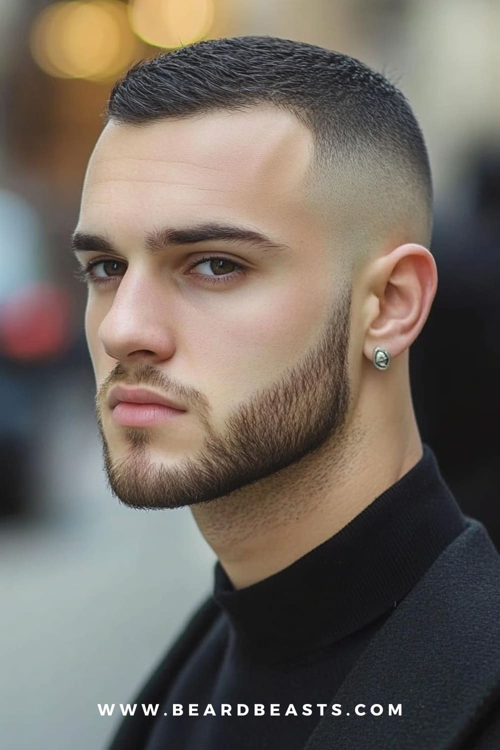 Man with a clean high and tight haircut and a neatly groomed beard, showcasing a sharp and defined look. The high and tight is a popular choice among low maintenance haircuts for men, offering a sleek, structured style with minimal grooming effort required.