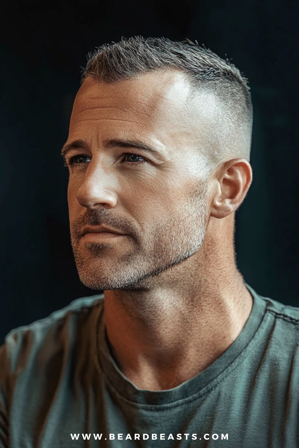 A close-up image of a man with a High and Tight military haircut, characterized by very short sides and back with a slightly longer, textured top. The sharp contrast between the tightly faded sides and the top adds a crisp, structured look that is synonymous with military haircuts for men. The man sports a light, neatly trimmed beard that complements his defined jawline, enhancing the overall rugged and disciplined appearance. He is wearing an olive-green t-shirt, which pairs well with the masculine and clean style of this haircut.