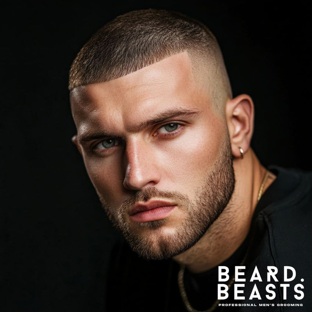 A sharp and confident close-up of a man with a bald fade buzz cut, featuring clean, precise fade lines and a textured top. His neatly shaped beard complements the hairstyle, creating a modern and polished look. Set against a black background, his intense gaze and subtle gold accessories add to the bold and stylish vibe. The "Beard Beasts" logo reinforces the focus on premium men's grooming and style.