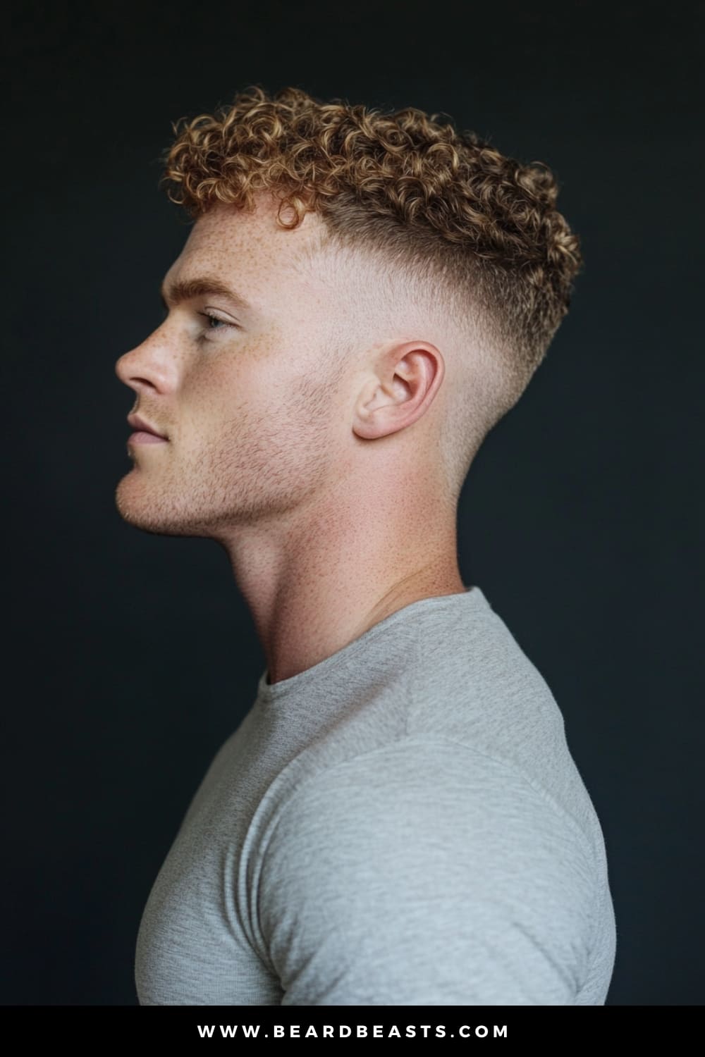 Side profile of a man with a high curly hair fade. His tightly curled hair is voluminous on top, gradually fading down to the skin around the sides and back, creating a sharp contrast between the curls and the fade. He is wearing a light gray shirt against a dark background, highlighting the clean, well-defined haircut.