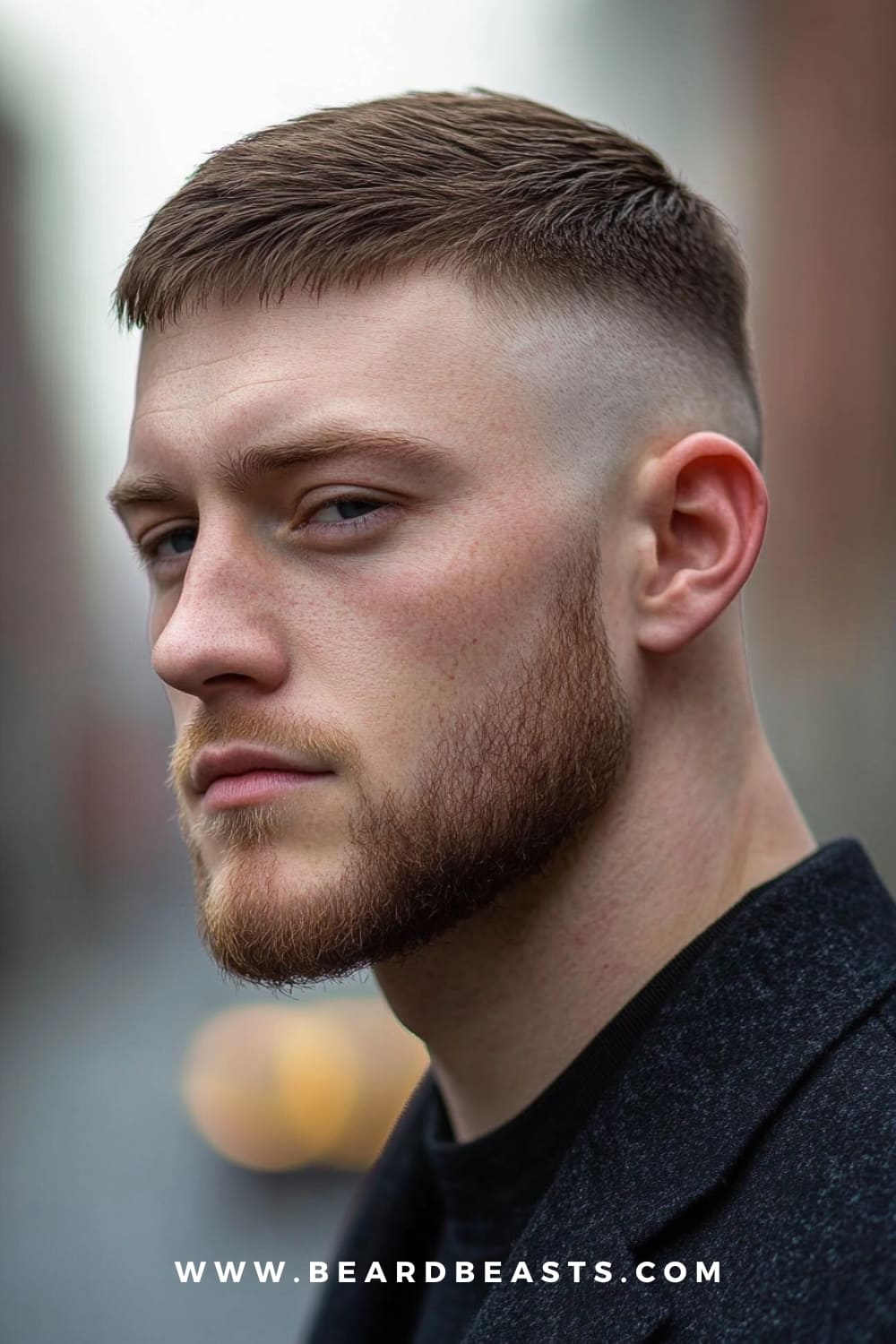 Man with a high fade haircut and short textured top, paired with a well-groomed beard. The high fade is a sleek and trendy choice among low maintenance haircuts for men, offering a sharp, polished look that requires minimal daily styling.