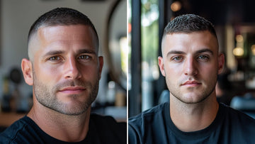 A side-by-side comparison of two handsome men showcasing variations of the high fade buzz cut.