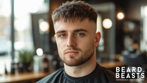 A professional portrait of a young man with a high fade French crop haircut, featuring a neatly textured top and a short, defined fringe. 