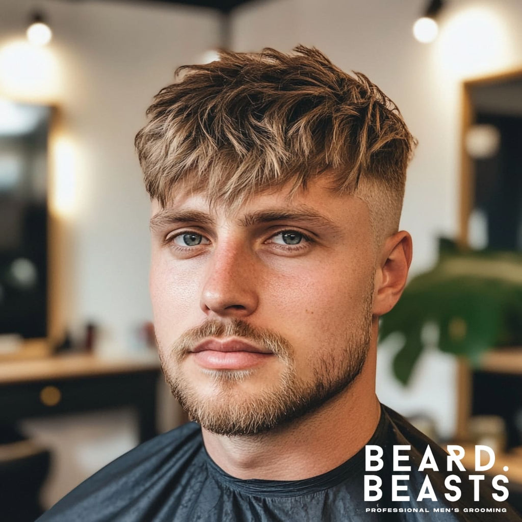 Portrait of a 30-year-old man with a high fade French crop haircut, featuring a textured top and a soft fringe falling naturally across his forehead. The fade is sharp and clean, blending seamlessly into the textured layers on top. The man has a neatly trimmed beard that complements the haircut, enhancing his sharp jawline. He is seated in a modern barbershop with a minimalist interior, warm wooden accents, and soft lighting in the background, creating a stylish and contemporary atmosphere.