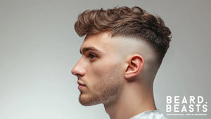 A young man with a stylish high fade quiff haircut is shown in a side profile view. 