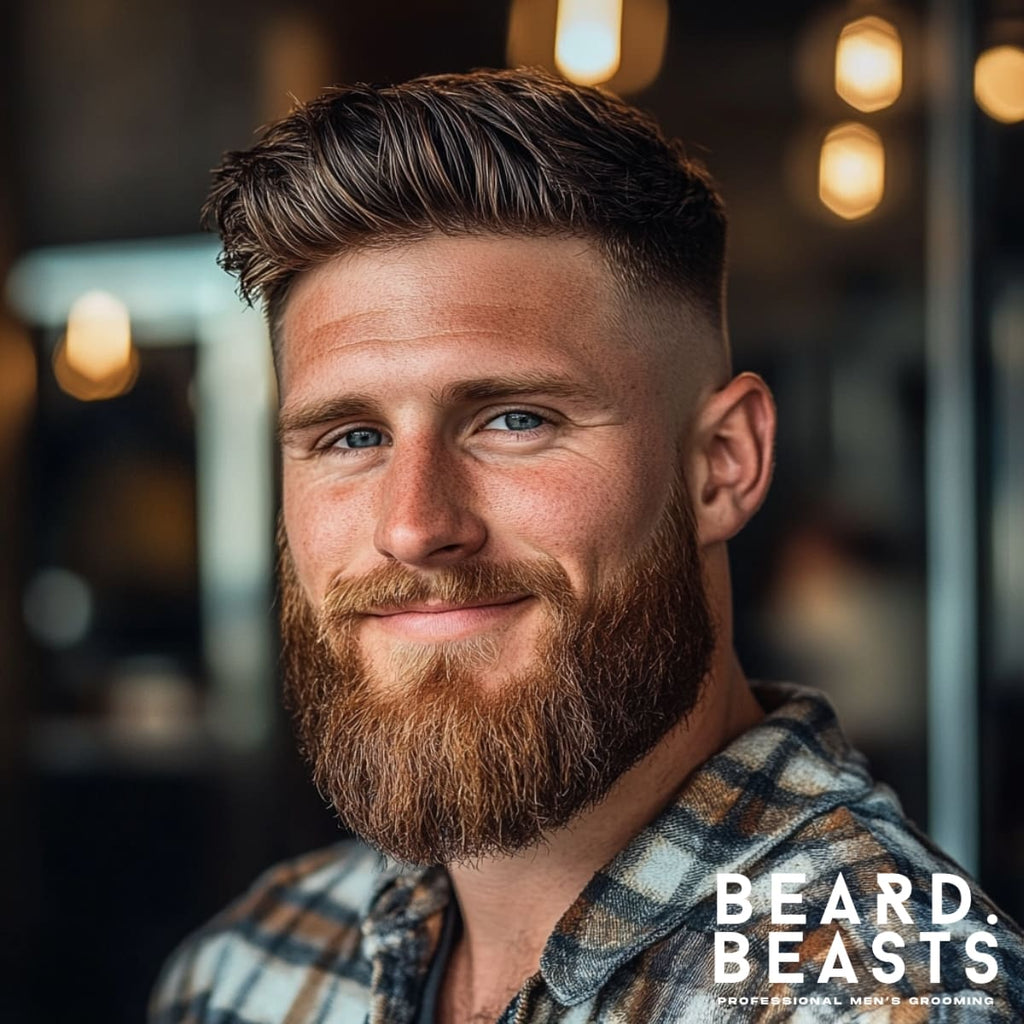 Smiling man with neatly styled hair featuring a clean fade on the sides and a textured top, paired with a thick, well-groomed beard. The hairstyle transitions seamlessly into the beard, creating a bold and cohesive look. Set in a warmly lit barbershop with a modern rustic vibe, the man wears a plaid shirt, exuding a confident and approachable charm.