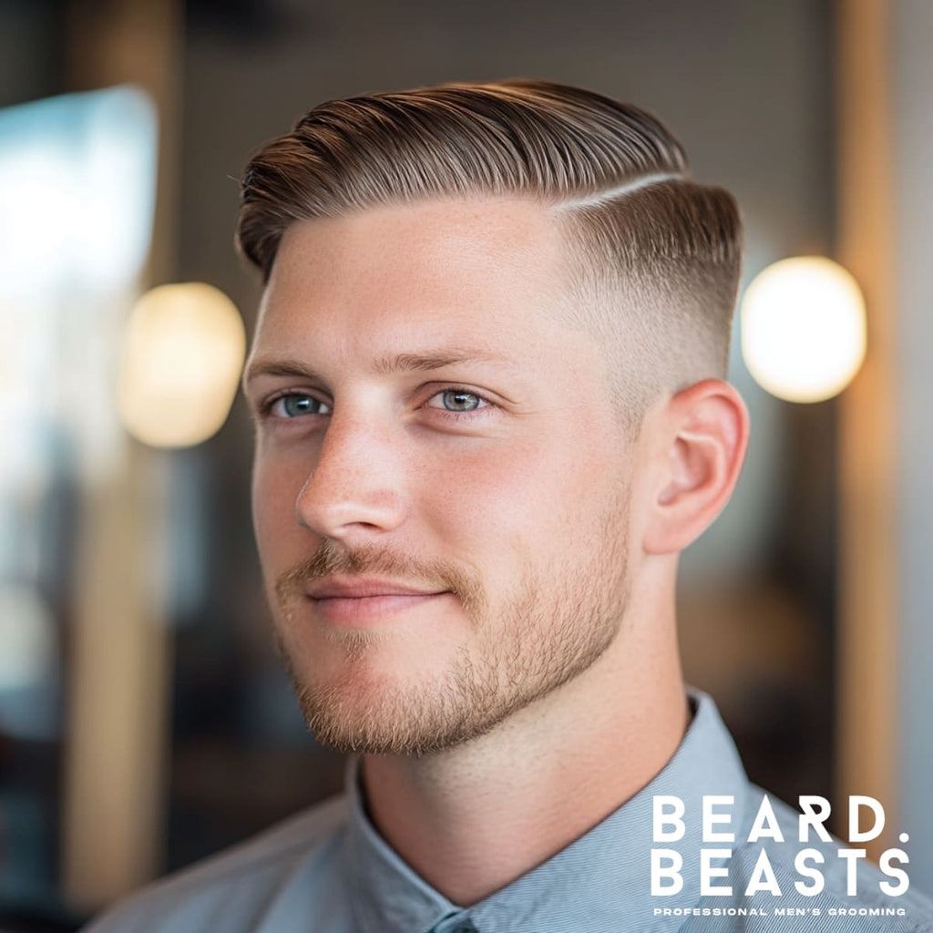 Handsome 30-year-old man with neatly styled hair featuring a clean side part and sharp taper on the sides. The longer hair on top is combed smoothly to one side, creating a polished and professional look. Set in a modern barbershop with warm lighting and soft focus on the background, the man wears a light gray button-up shirt, exuding confidence and sophistication.