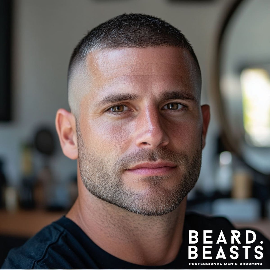 Close-up of a handsome 30-year-old white man with a neatly groomed high skin fade buzz cut. His haircut features a clean fade from skin at the sides to short, uniform hair on top, paired with a subtle, well-maintained beard. The background shows a bright and modern barbershop with sleek mirrors and natural light, complementing the professional and polished look.