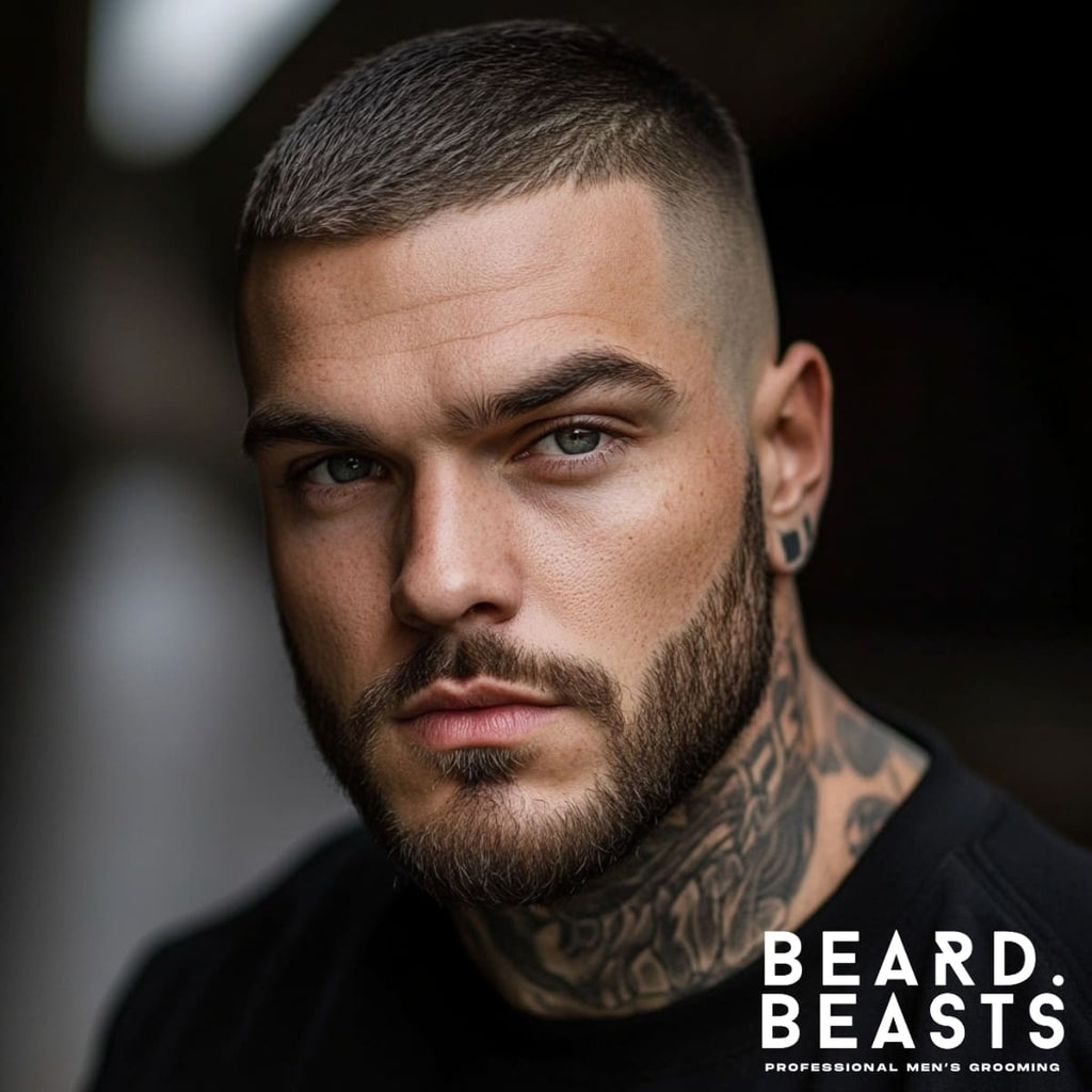 Close-up portrait of a man with a high skin fade crew cut, featuring short, neatly trimmed hair on top that seamlessly blends into a bold, high skin fade on the sides. The clean, sharp lines of the fade highlight the structured and edgy look. The man’s well-groomed beard and tattoos enhance his modern and confident style. A perfect example of a sharp and professional skin fade crew cut with high contrast.