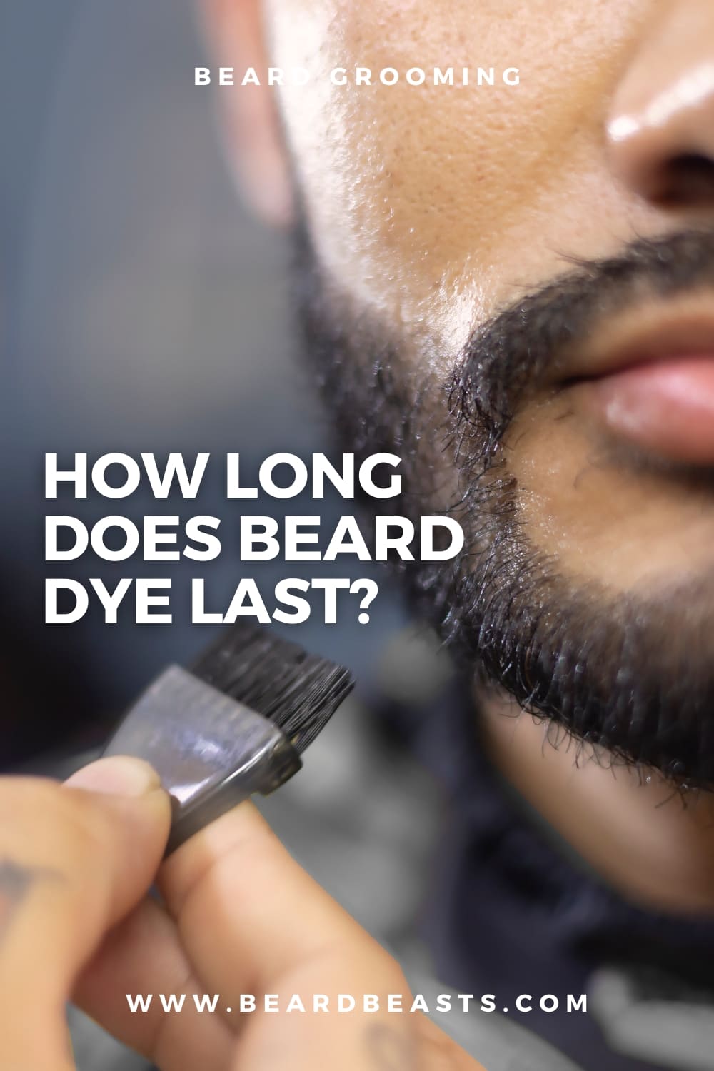 Man applying beard dye, close-up on beard with brush, with text overlay 'How Long Does Beard Dye Last?' - Beard Grooming Tips at BeardBeasts.com.