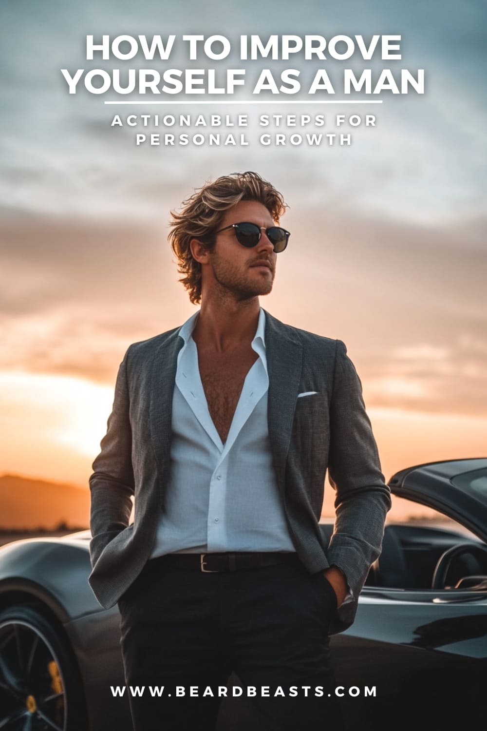 Confident man in sunglasses standing by a luxury car at sunset, representing self-improvement and personal growth, with text overlay 'How to Improve Yourself as a Man: Actionable Steps for Personal Growth.