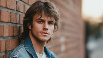 Handsome young man with a 70s men's hairstyle, featuring a classic shag cut with layered, tousled hair that frames his face in a relaxed, retro look. 