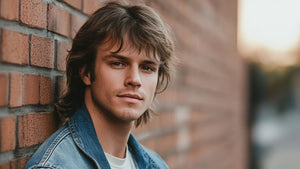 Handsome young man with a 70s men's hairstyle, featuring a classic shag cut with layered, tousled hair that frames his face in a relaxed, retro look. 