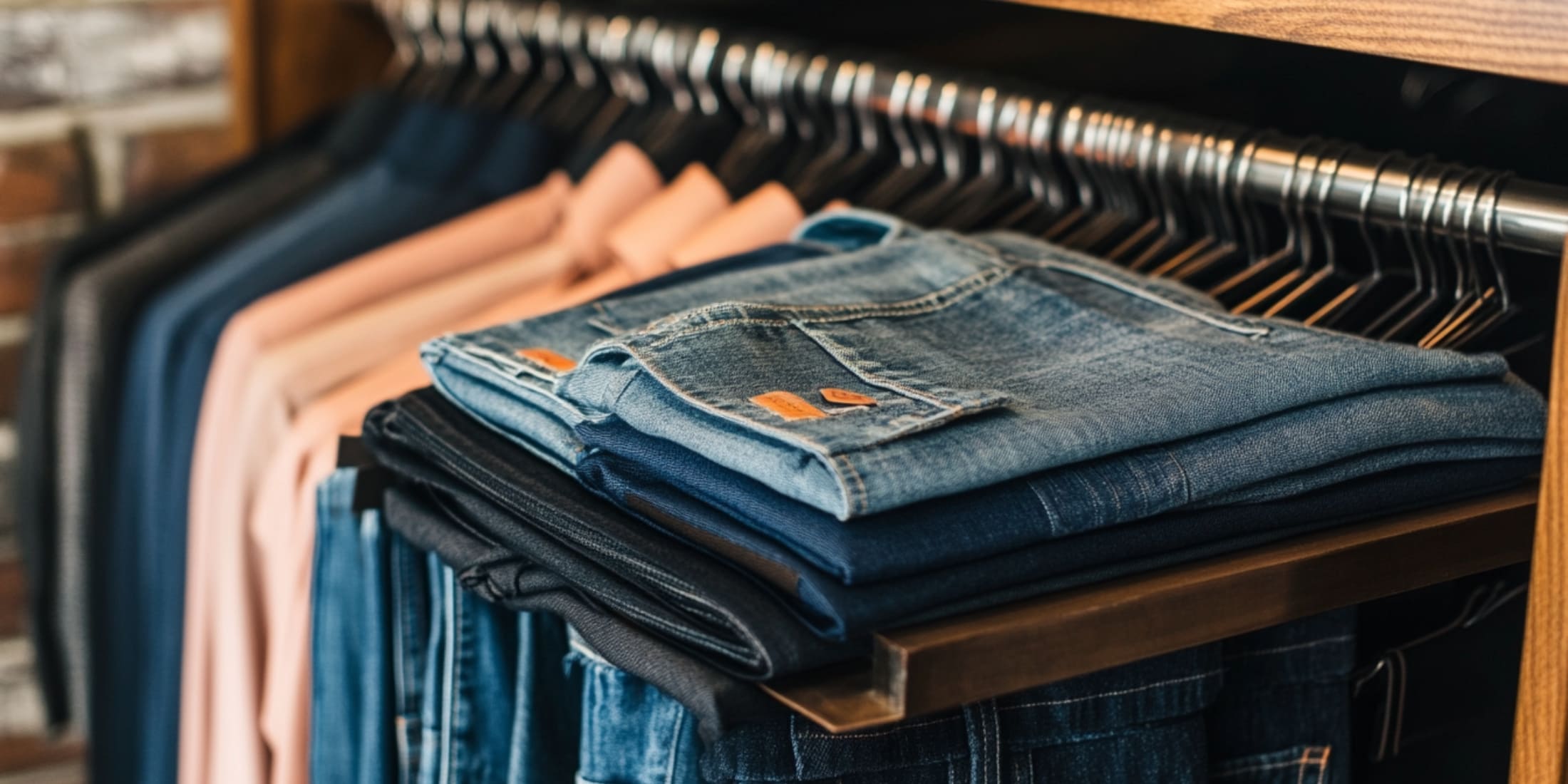 This image displays a well-organized selection of clothing items, ideal for a men’s capsule wardrobe. The folded jeans in various shades of blue, neatly arranged on a shelf, showcase the versatility of denim as a wardrobe essential. Above them, shirts in neutral colors like soft pink, black, and blue are hung on hangers, offering easy mix-and-match options for any occasion. The arrangement emphasizes simplicity and functionality, key elements in men's fashion tips for beginners, and illustrates how a few classic pieces can create multiple stylish outfits.