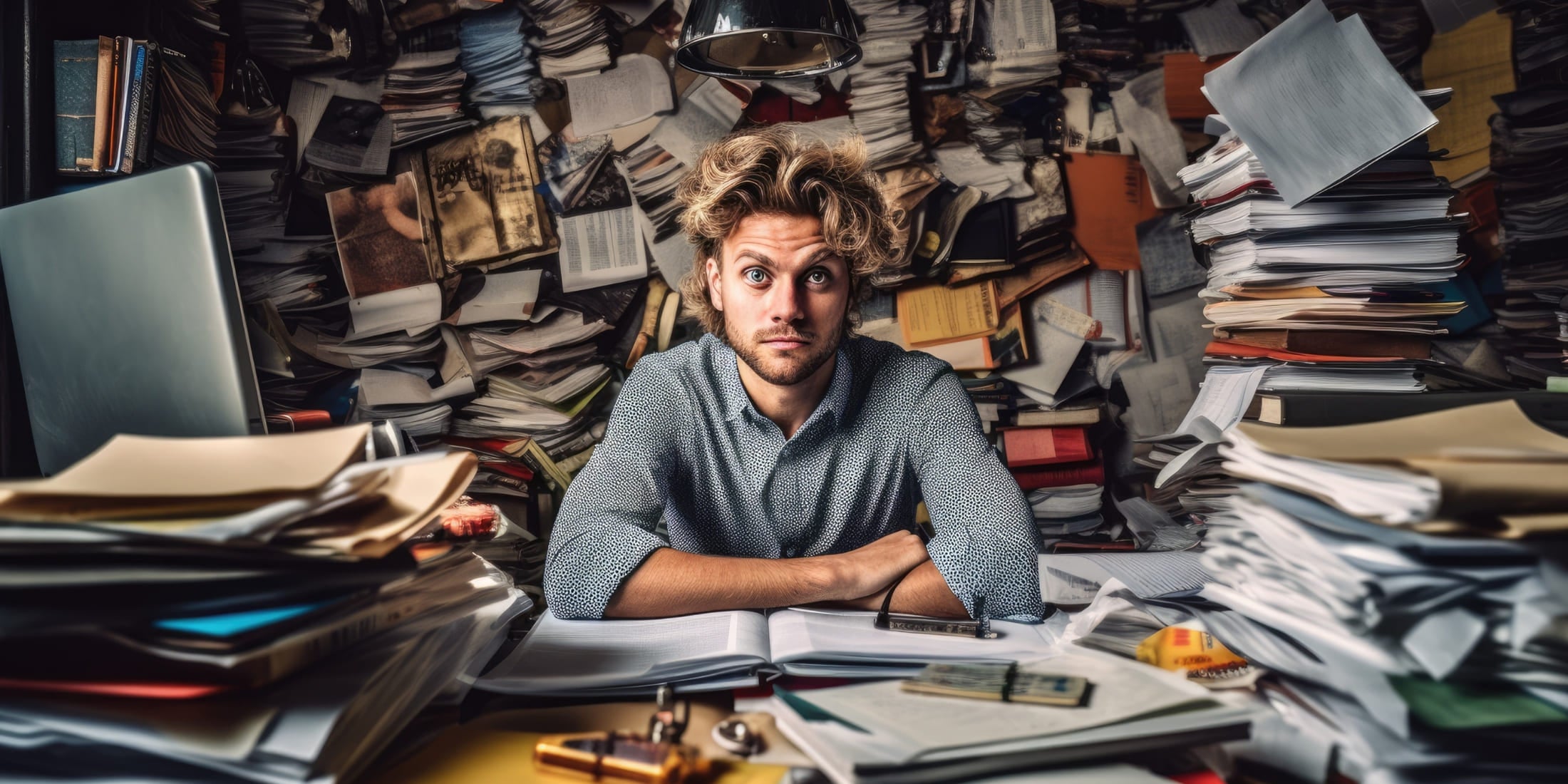 A stressed man sitting at a cluttered desk, surrounded by towering stacks of papers, representing the chaos of a busy life.