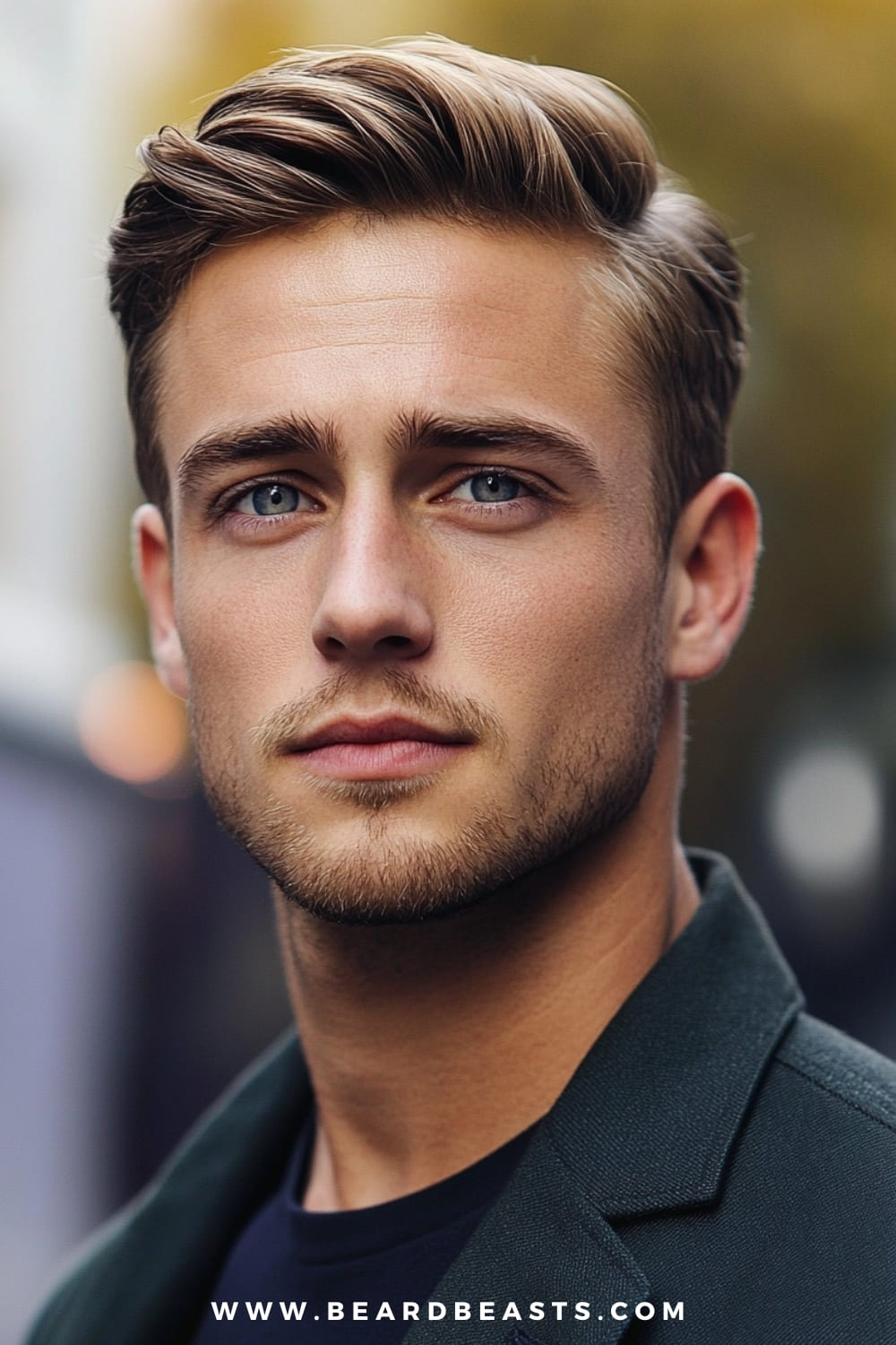 A young man with a clean, polished appearance is captured in a close-up portrait. His hair is styled neatly with a subtle wave, giving it a refined yet natural look. The soft lighting highlights the texture of his hair and the smoothness of his skin, while his blue eyes add depth to the image.