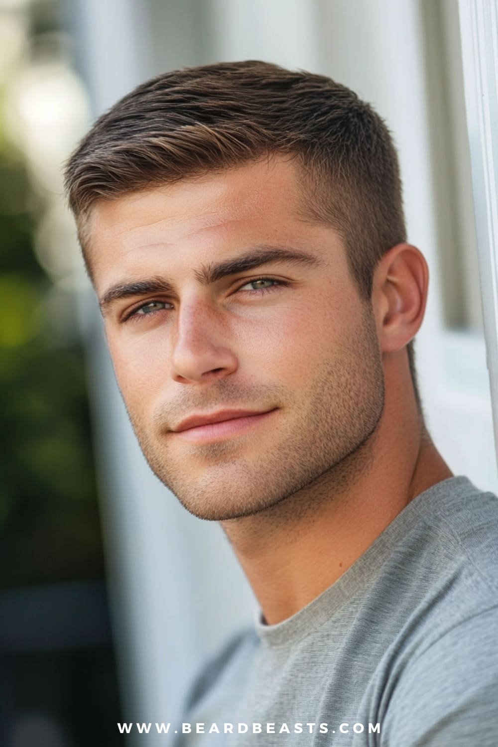 A close-up image of a man with a well-groomed Ivy League haircut, featuring short sides and back with a slightly longer top that is neatly combed to the side. The haircut exudes a polished and sophisticated look, perfectly balancing between classic and contemporary styles. The man's light stubble adds a subtle touch of ruggedness to his otherwise clean-cut appearance. He is wearing a light gray t-shirt, which complements his fresh and youthful vibe. The background is softly blurred, with natural light filtering in, highlighting the smooth texture of his hair and the overall neatness of the style. The image captures a blend of effortless elegance and understated confidence.