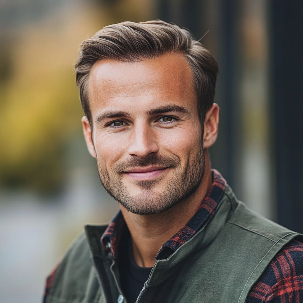 A man with a neatly styled, classic haircut smiles confidently at the camera, radiating a friendly and approachable vibe. His hairstyle features a subtle side part with a bit of volume on top, creating a polished yet relaxed look. Dressed in a plaid shirt layered under an olive-green vest, he stands against a softly blurred outdoor background, adding to the warm, natural feel of the image.