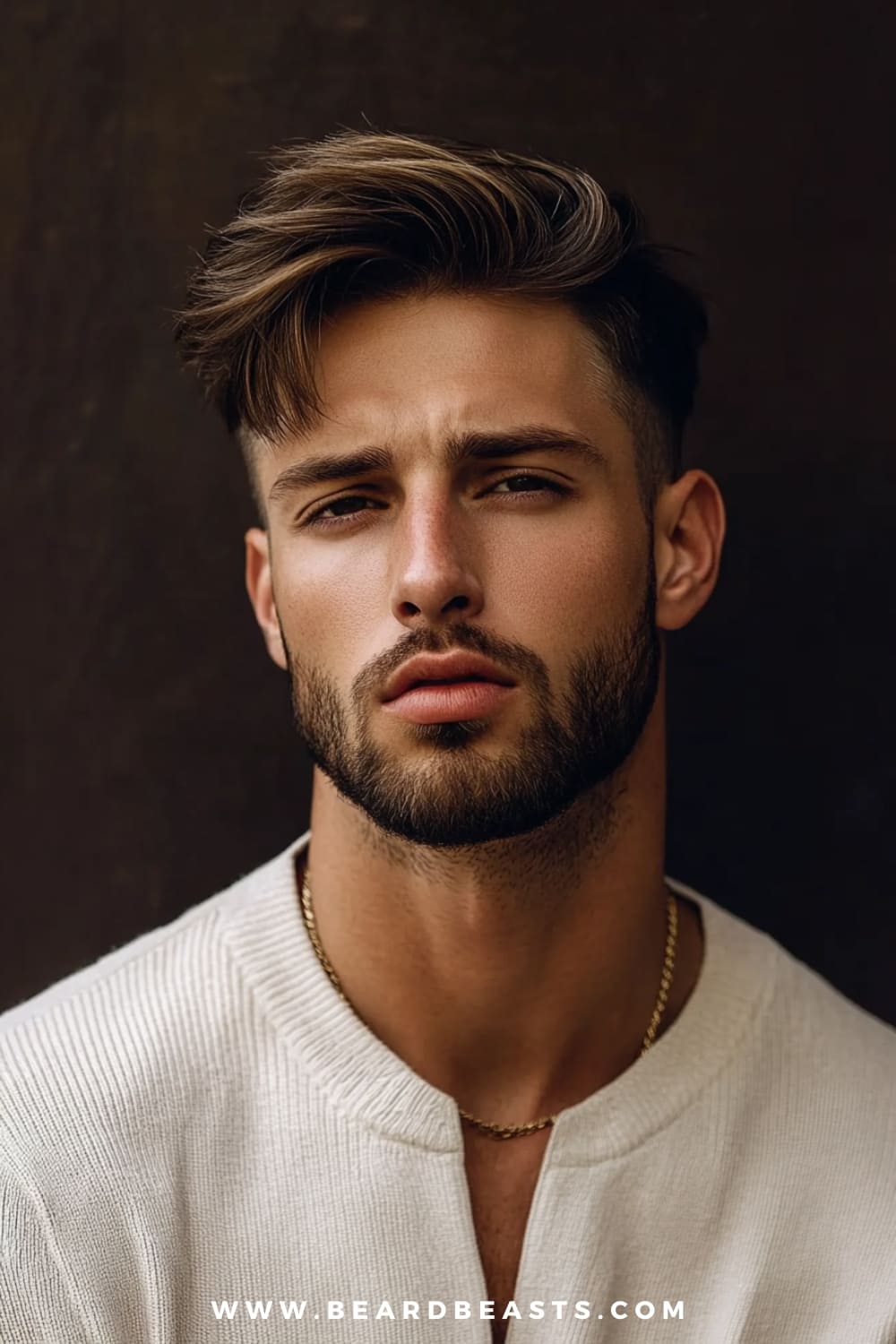 A man with a stylish layered comb over hairstyle is featured in this image, showcasing his thin straight hair styled with volume and texture. The longer top is swept to the side, creating the illusion of fuller hair, while the sides are trimmed short for a neat, defined contrast. This hairstyle for men with thin straight hair is perfect for adding depth and structure, giving the appearance of thicker locks. Paired with a well-groomed beard and a casual yet polished outfit, this look exudes confidence and modern sophistication. Ideal for both casual and formal settings.