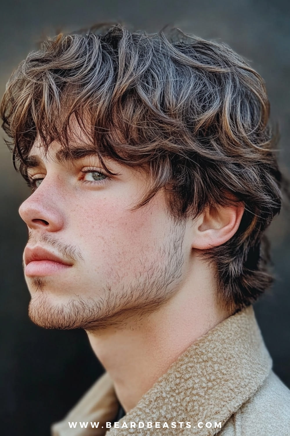 The image features a side profile of a young man with a layered shaggy men’s haircut. His hair is styled in soft, tousled layers that add depth and texture, giving it a natural, windswept appearance. The layers are longer on top, gradually tapering towards the ends, creating a dynamic and voluminous look. His facial hair is light and neatly trimmed, complementing the casual, laid-back vibe of his hairstyle. The background is blurred, ensuring that the focus remains on his men's shaggy hairstyle and its textured, layered finish. This style is perfect for those seeking a trendy yet effortless look.