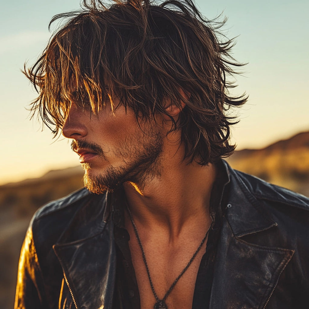 Man with a Layered Shoulder-Length Shag haircut, showcasing shaggy, textured layers that create a windswept and rugged look. His shoulder-length hair has natural movement, giving off a classic cowboy vibe, while the warm sunset lighting highlights the tousled layers. Wearing a worn leather jacket and a subtle necklace, he stands against a desert background, embodying a blend of Western style and effortless, rugged charm. This hairstyle captures the essence of a modern cowboy with a timeless, relaxed look.