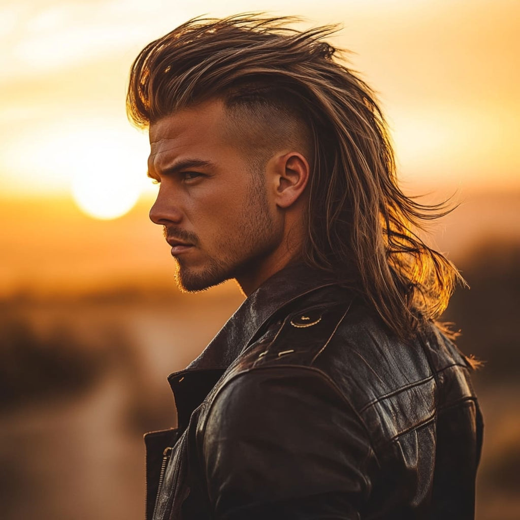 Man with a Long and Lean Mullet featuring shaved sides and a sleek, layered flow down the back, creating a bold, modern cowboy look. His hair is styled with volume at the top, tapering smoothly into the long, wavy mullet that catches the sunset light. Dressed in a rugged leather jacket, he stands against a warm, desert landscape, embodying a contemporary twist on classic Western style. This cowboy haircut emphasizes both edge and refinement with its polished, structured silhouette.