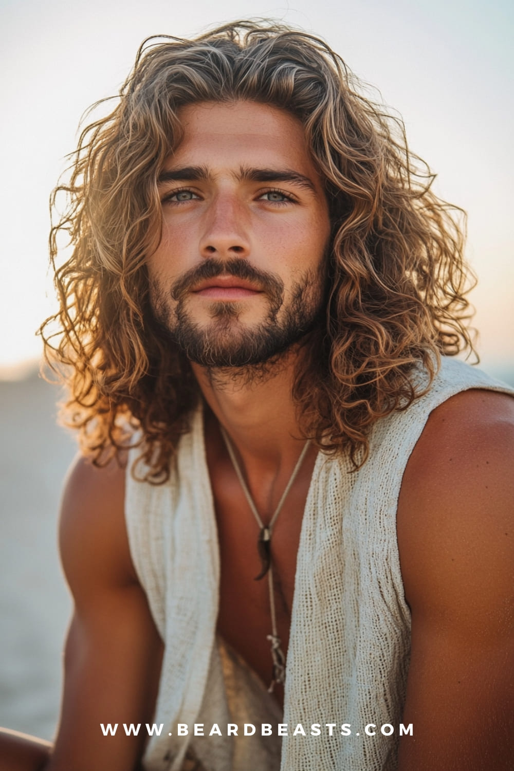 A man with long curly hair and a light beard, showcasing one of the best Long Surfer Hairstyles. The voluminous curls create a natural, carefree look, perfectly capturing the laid-back, beach-ready surfer vibe.