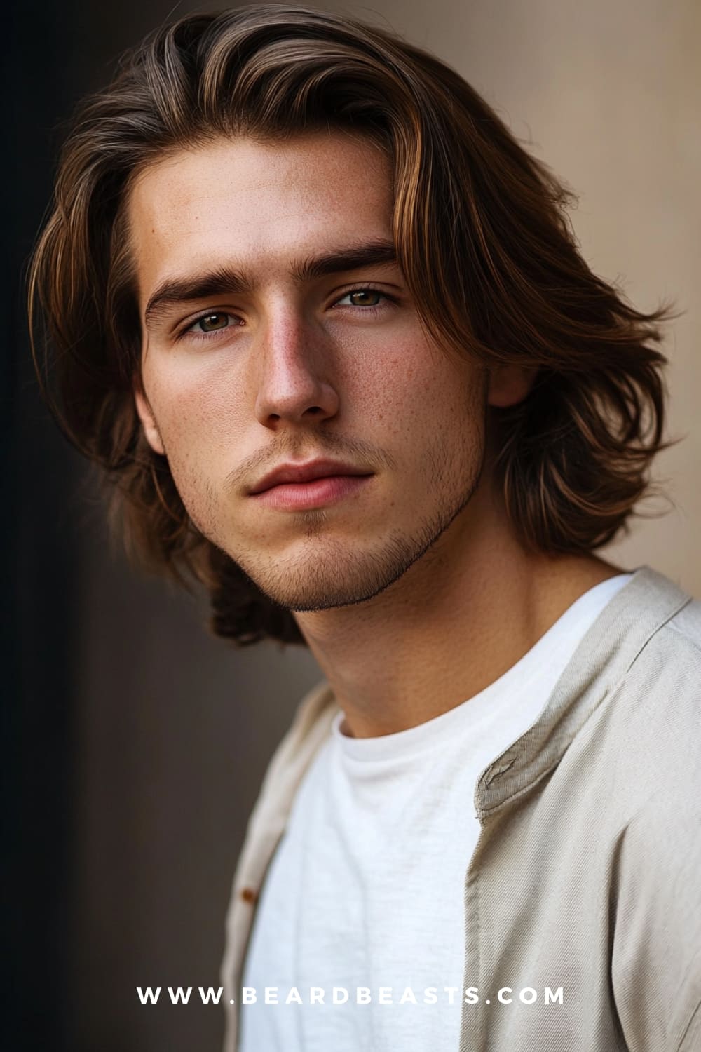 A young man with a long flow, featuring thick, flowing brown hair that reaches just past his shoulders. The hair is naturally voluminous, with a smooth and sleek texture, giving it a relaxed yet refined look. His hairstyle highlights the length and movement of his hair, creating a stylish and effortlessly cool appearance. The man’s subtle stubble adds a touch of ruggedness to his otherwise polished look. He is dressed in a light-colored, casual outfit, adding to the overall laid-back vibe of the image. 