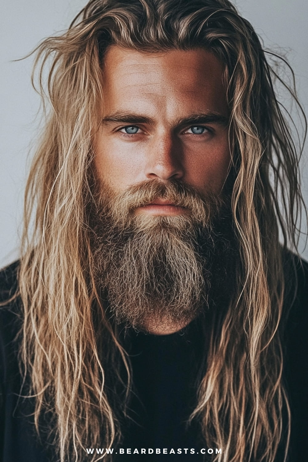 Man with long, tousled hair and a full, thick beard, exuding a rugged and masculine vibe. The wild, textured locks paired with the impressive beard make this a bold example of men's hairstyles for long hair, offering a natural, Viking-inspired look.