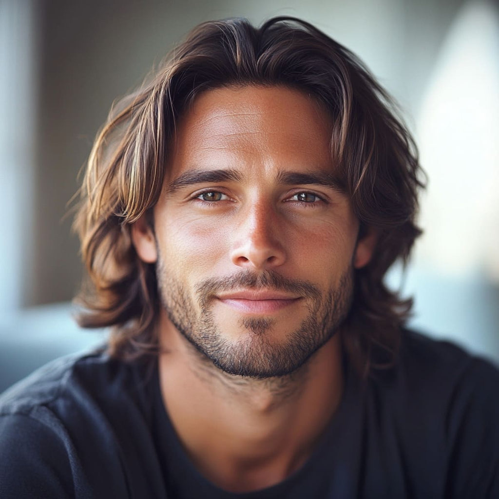 A close-up portrait of a handsome 30-year-old man with a diamond face shape and long layered hair. His hair flows naturally past his ears in soft layers, adding length and movement while framing his face. The layers are styled to create a relaxed, balanced look, with volume at the top and bottom that complements his prominent cheekbones and angular jawline. Set against a softly blurred background, the image highlights his confident, friendly expression and effortlessly stylish haircut.