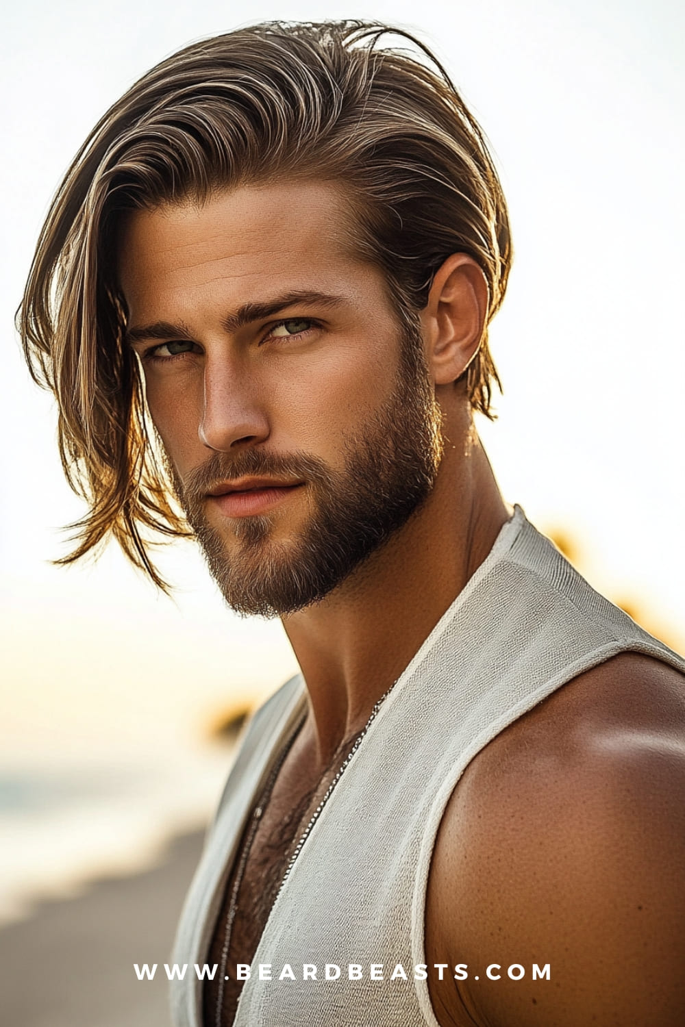 A man with long side-swept hair and a light beard, showcasing one of the best Long Surfer Hairstyles. The sleek, swept-back look combines effortless style with a relaxed surfer vibe, perfect for a polished yet laid-back beach appearance.