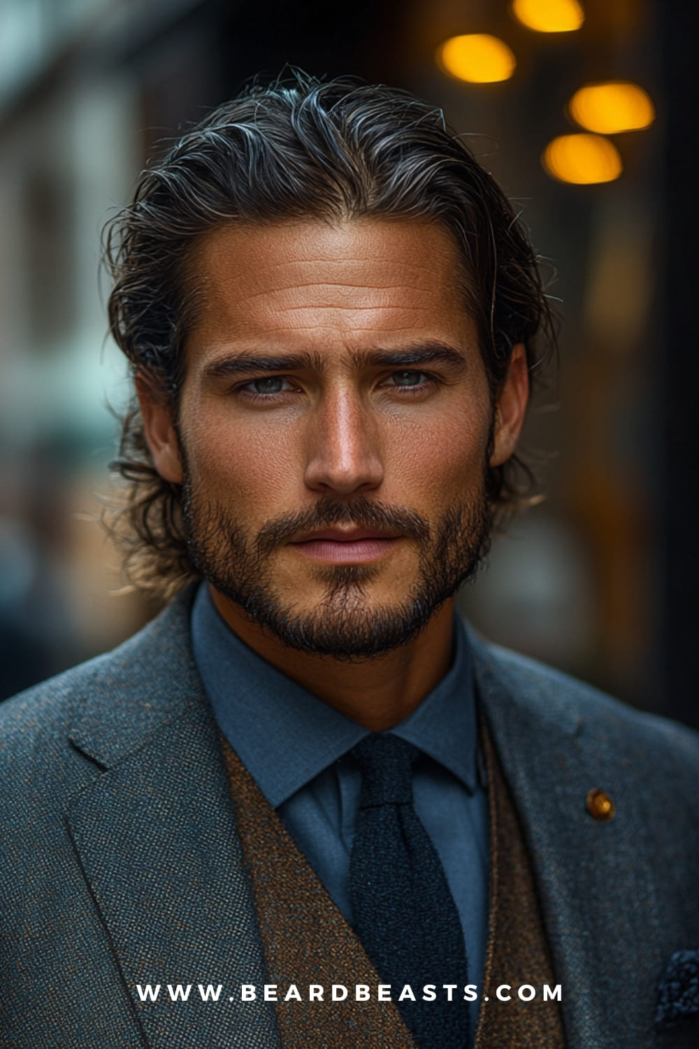 Long Slicked-Back Hairstyle - A sophisticated gentleman's haircut featuring long, slicked-back hair paired with a neatly trimmed beard, perfect for a polished yet rugged look.