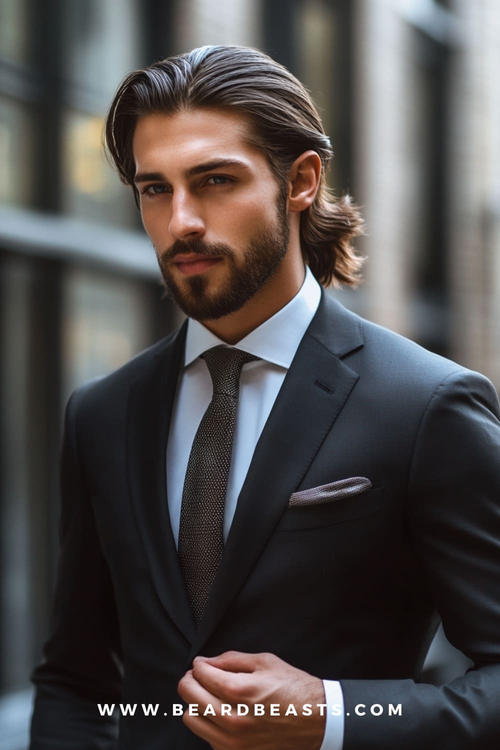 Long Slicked-Back Hair - A sleek and polished Long Professional Men’s Hairstyle featuring neatly combed-back hair, perfect for a confident and sophisticated business look.