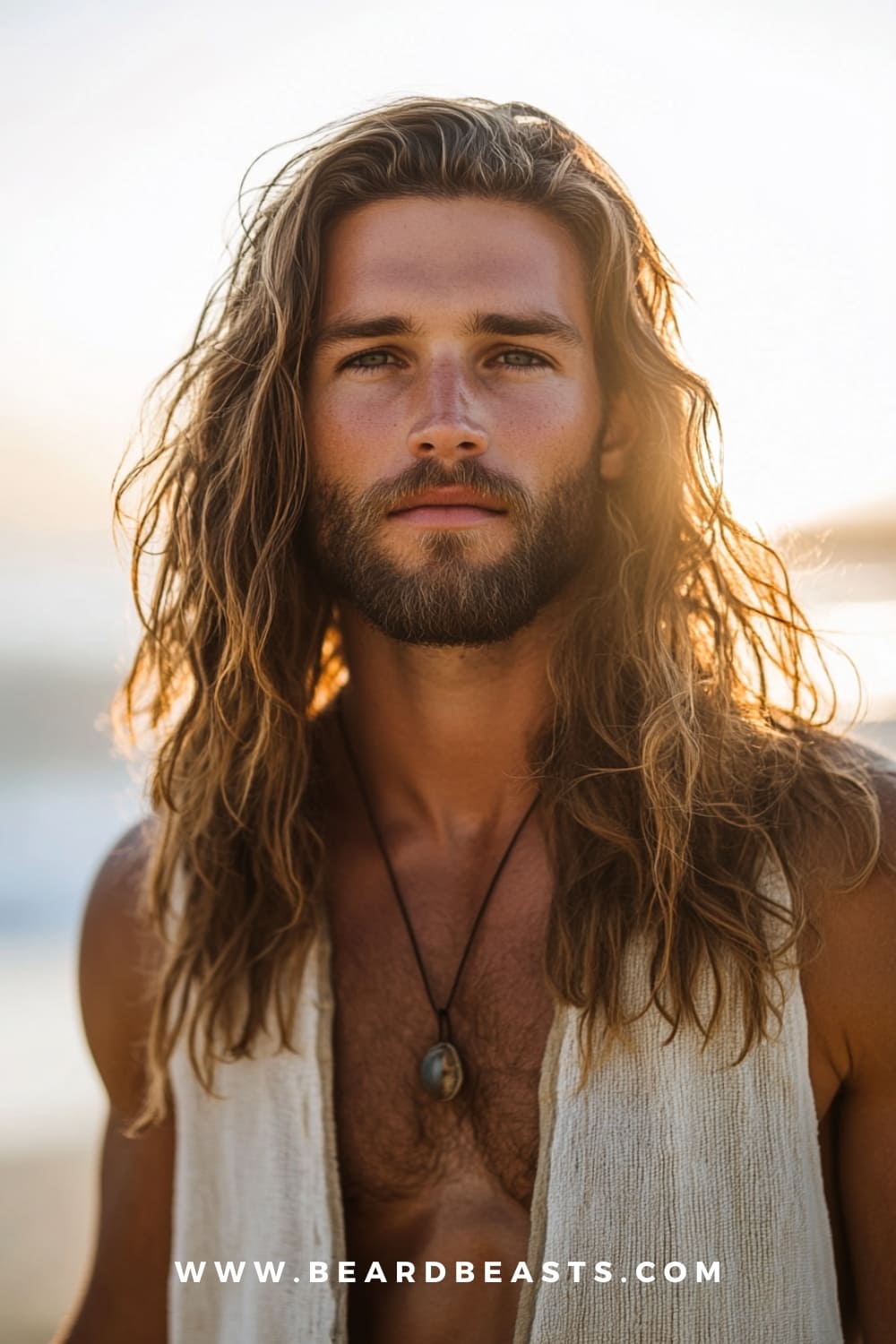 A man with long wavy hair and a light beard, showcasing one of the best Long Surfer Hairstyles. The flowing waves create a relaxed, beachy look, perfectly capturing the carefree and effortless surfer vibe.