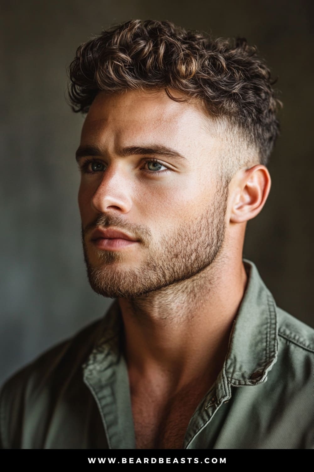 This image shows a man with neatly styled haircut. His facial features are strong, with light facial hair complementing his overall look, and he is dressed in a casual olive-green shirt, giving off a relaxed yet sharp appearance. The background is softly blurred, drawing attention to his hairstyle and face.