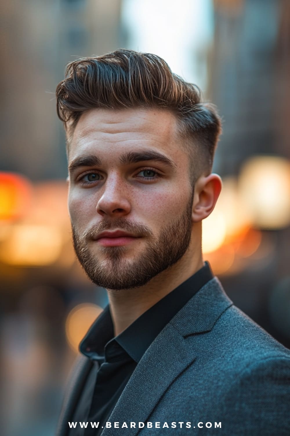 A man confidently sports a loose quiff, a stylish option. His wavy hair is styled into a voluminous quiff, with the front lifted and softly tousled for a relaxed yet polished look. The sides are neatly tapered, creating a clean contrast with the textured waves on top. He has a well-groomed beard that complements his sharp features and is dressed in a gray blazer over a black shirt, blending sophistication with a modern edge.