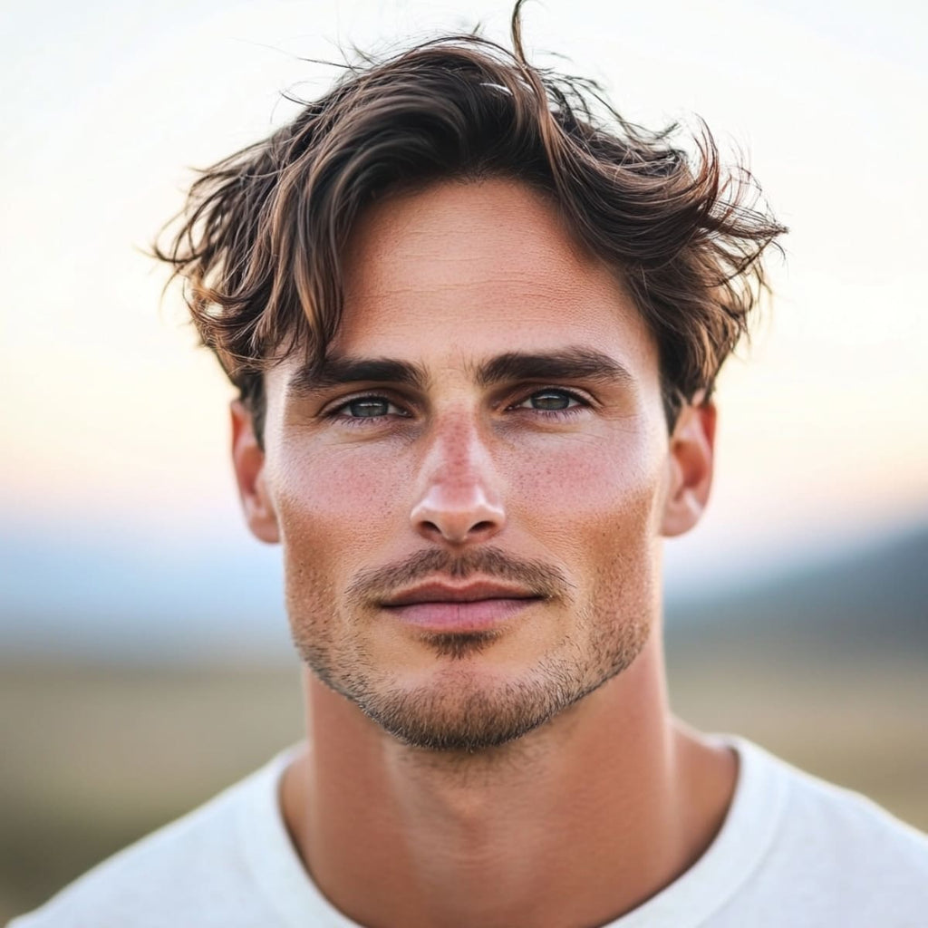 Man with loose waves and a parted fringe, featuring a relaxed and natural hairstyle that frames his face. The soft waves add texture and volume, while the parted fringe gently accentuates his facial features and creates a balanced look. His calm expression and outdoor setting add to the effortless, carefree vibe. Perfect for a laid-back style that blends structure with a touch of casual charm.