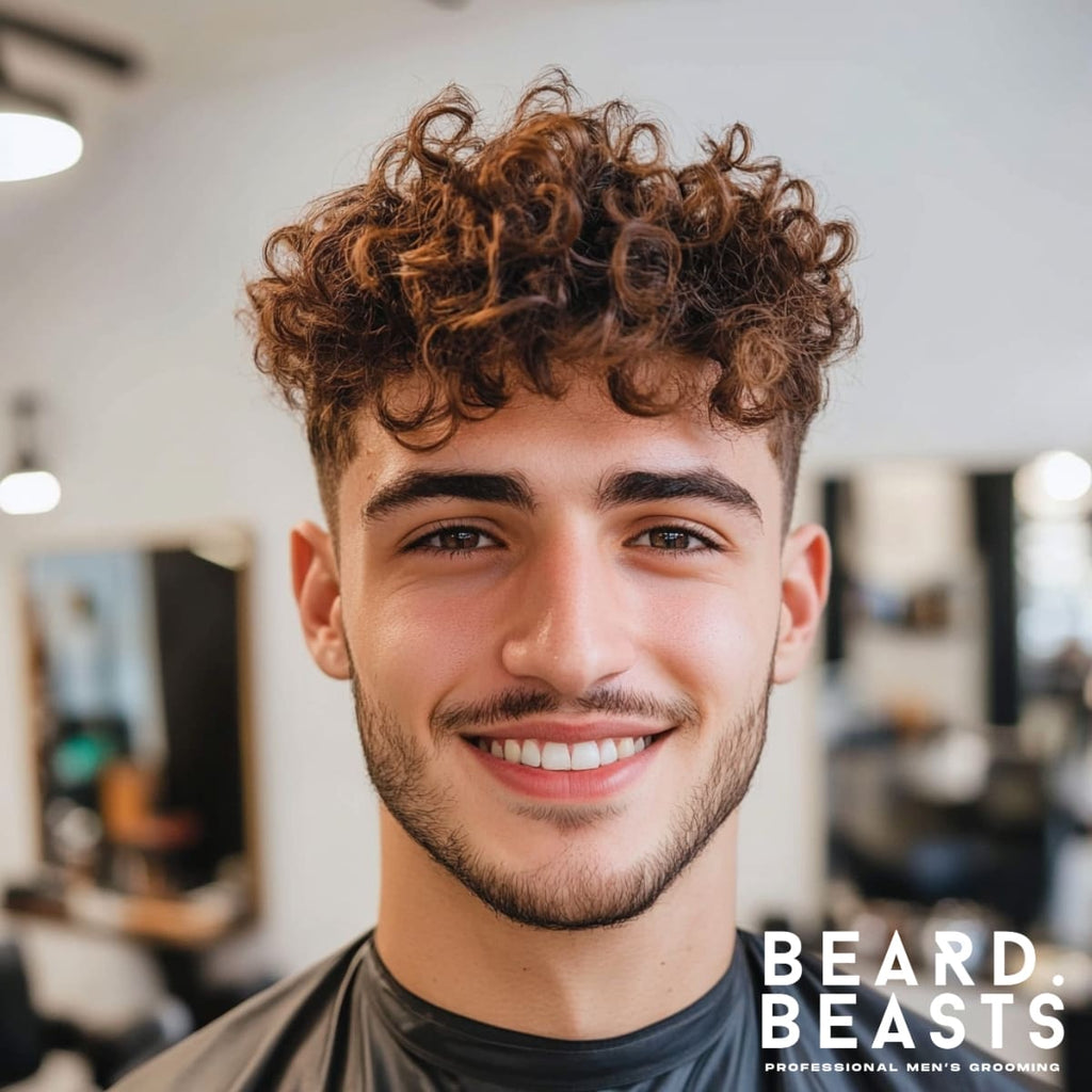 A cheerful young man with a low fade with curly textured top hairstyle, showcasing naturally voluminous and well-defined curls on top. The fade is clean and sharp, starting near the ears and blending smoothly into the textured curls, creating a fresh and stylish look. The bright, modern barbershop background with mirrors and chairs subtly blurred highlights the trendy and dynamic haircut.