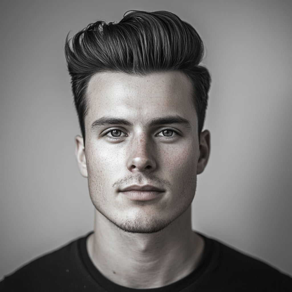 A close-up portrait of a young man with a diamond face shape, featuring a stylish low fade with a textured top hairstyle. His hair is neatly styled with volume and texture on top, creating a balanced look that complements his prominent cheekbones and angular jawline. The low fade on the sides keeps the focus on his fuller top, enhancing his facial structure without adding extra width. The soft, neutral background emphasizes his hairstyle and sharp facial features, giving him a confident and polished appearance.