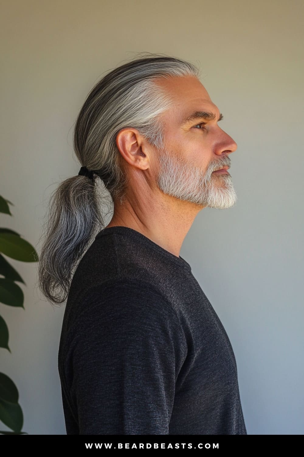 A distinguished older man with long, silver hair neatly tied back into a low ponytail. His profile exudes calm confidence and wisdom, with the ponytail adding a touch of simplicity and elegance to his look. The well-groomed beard complements his hairstyle, creating a balanced and polished appearance. This image captures the essence of a minimalist yet refined style that is both practical and sophisticated.