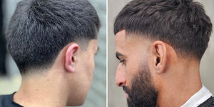 A side-by-side comparison of two men showcasing a low taper vs high taper haircut.. 