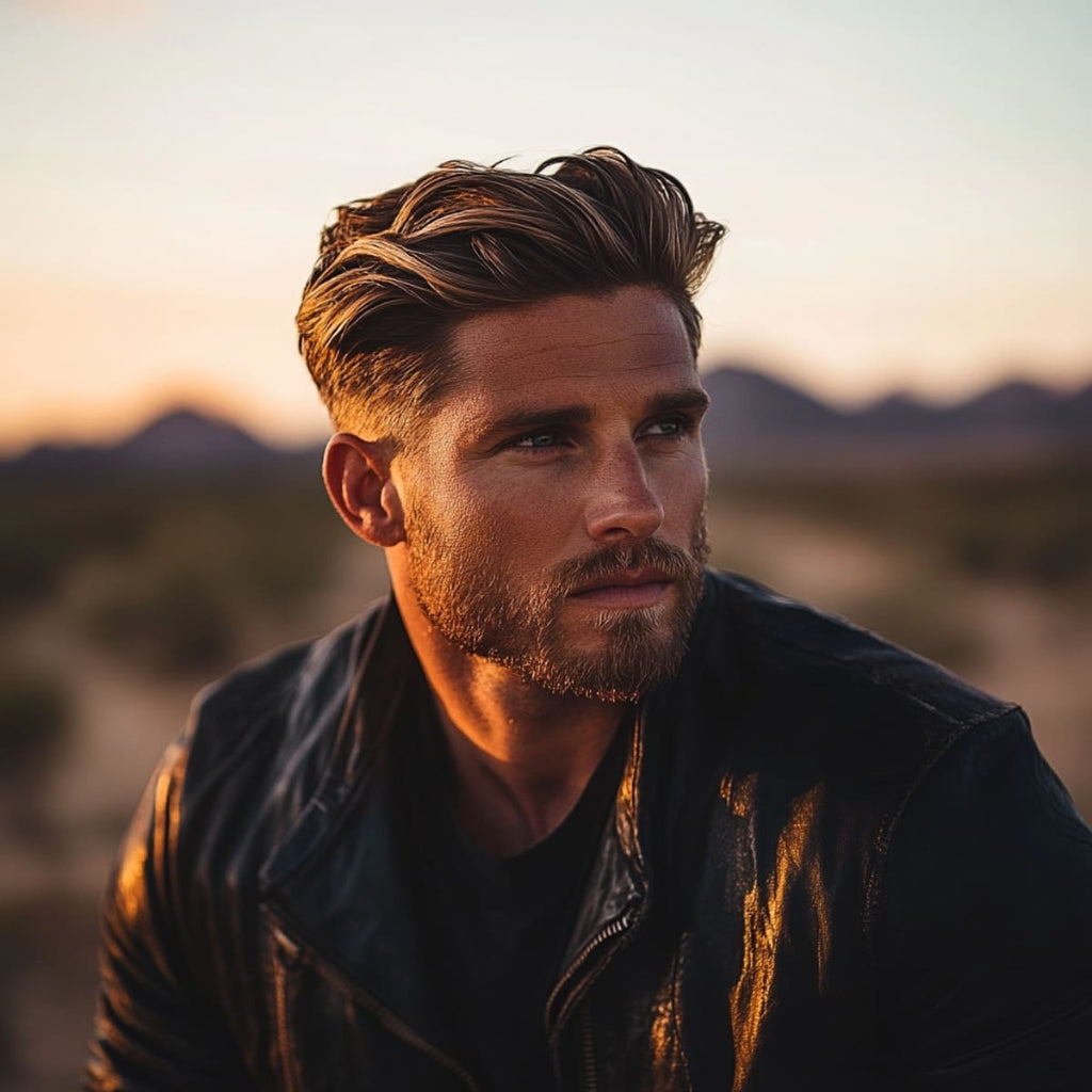 Man showcasing a Low Tapered Flow haircut, featuring subtly tapered sides and a longer, naturally flowing top that adds volume and movement. Set against a warm sunset backdrop in a desert landscape, he wears a stylish leather jacket, embodying a rugged yet sophisticated cowboy aesthetic. The hair flows effortlessly, making this haircut perfect for both casual and polished looks. This image captures the essence of modern cowboy style with its combination of classic elements and contemporary flair.