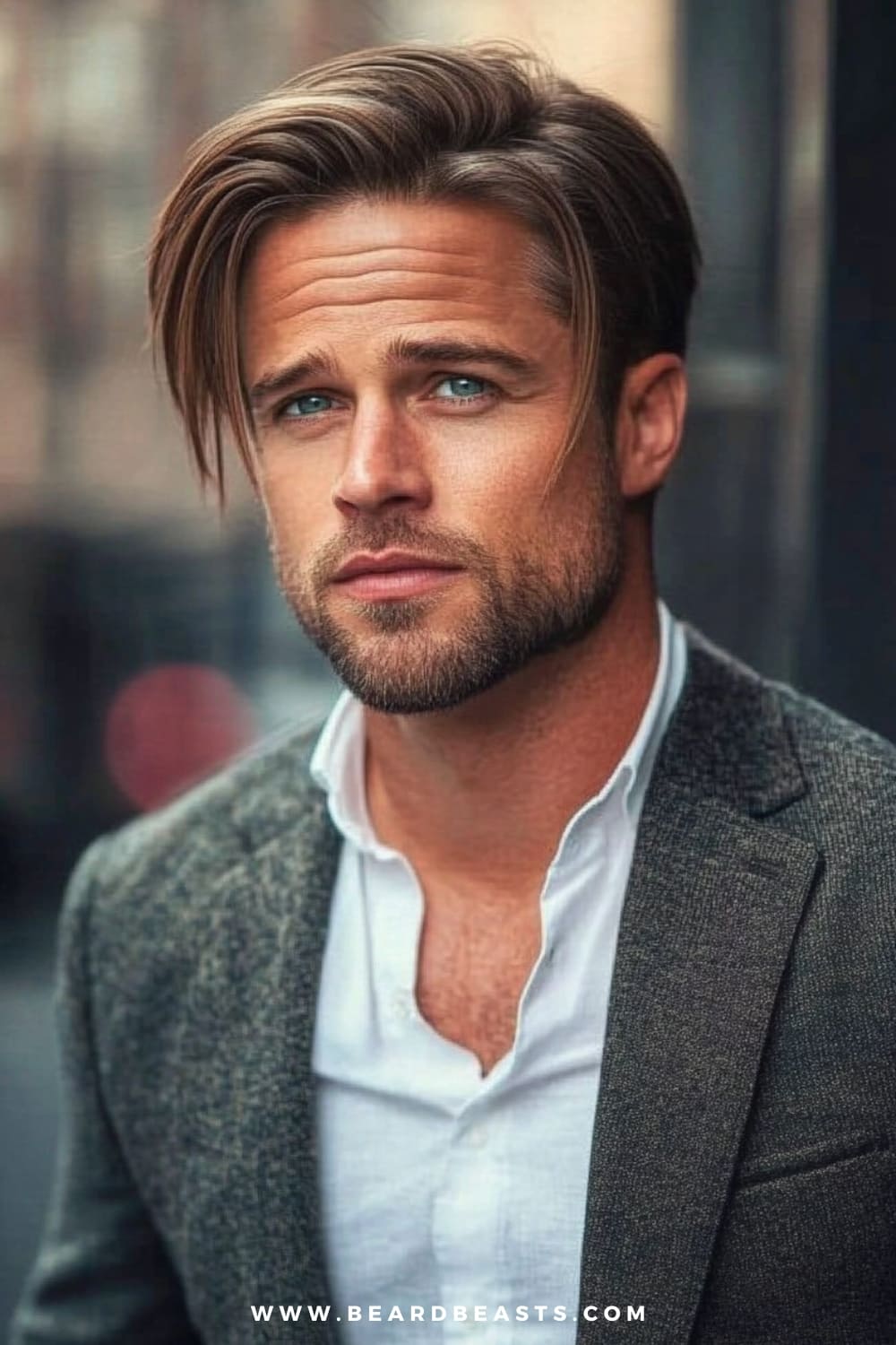 Man with a modern man-bob hairstyle and light stubble, dressed in a tailored suit jacket, giving off a polished yet relaxed vibe. The soft, parted bob creates a refined and sophisticated look, making it an excellent example of men's hairstyles for long hair perfect for both casual and professional settings.