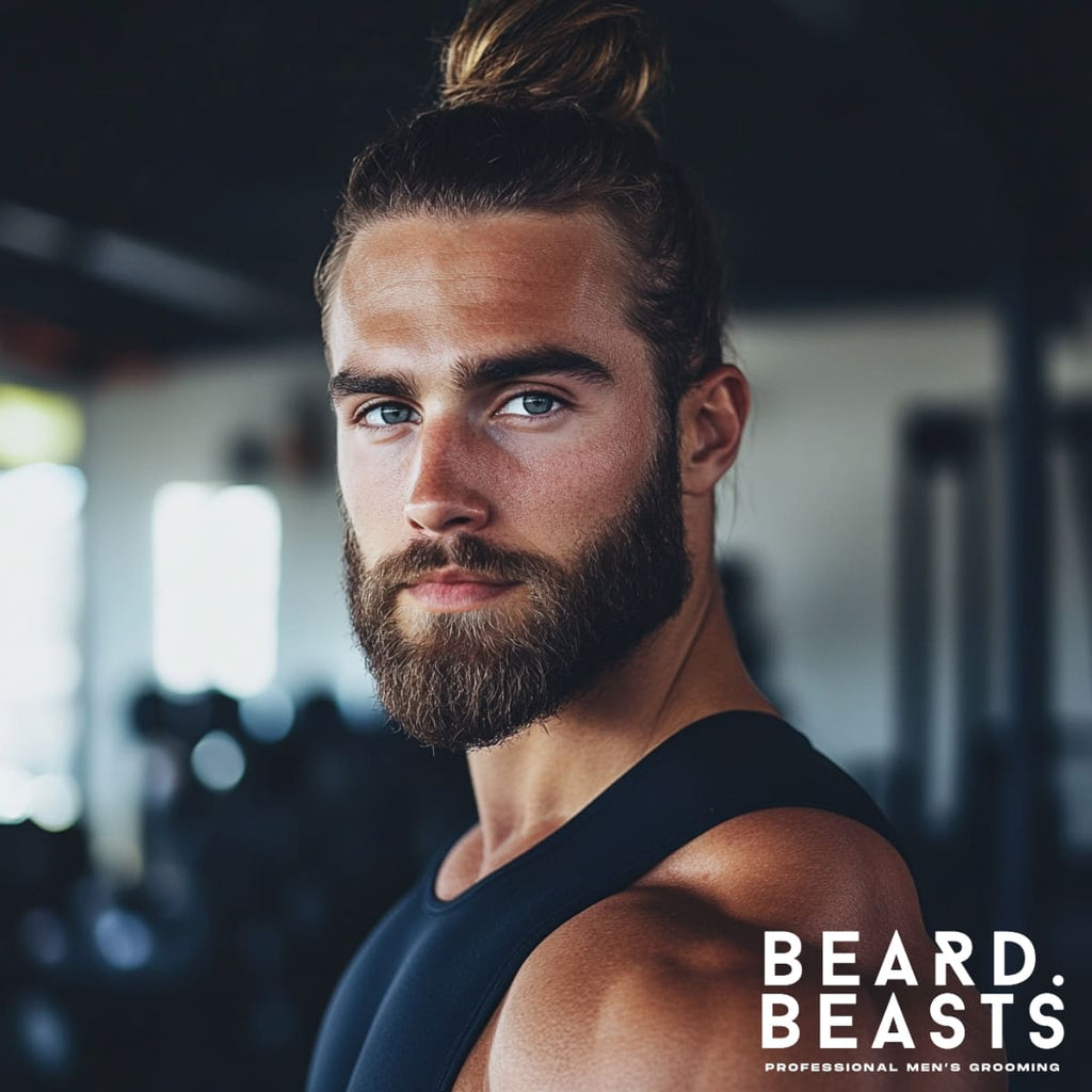 Close-up of a man with a stylish man bun paired with a full, well-groomed beard. The hairstyle features long hair tied neatly at the crown, creating a clean yet rugged look suitable for active or casual settings. This practical and modern style keeps hair out of the way while exuding confidence and personality. Perfect for men who embrace longer hair with a low-maintenance yet fashionable approach.