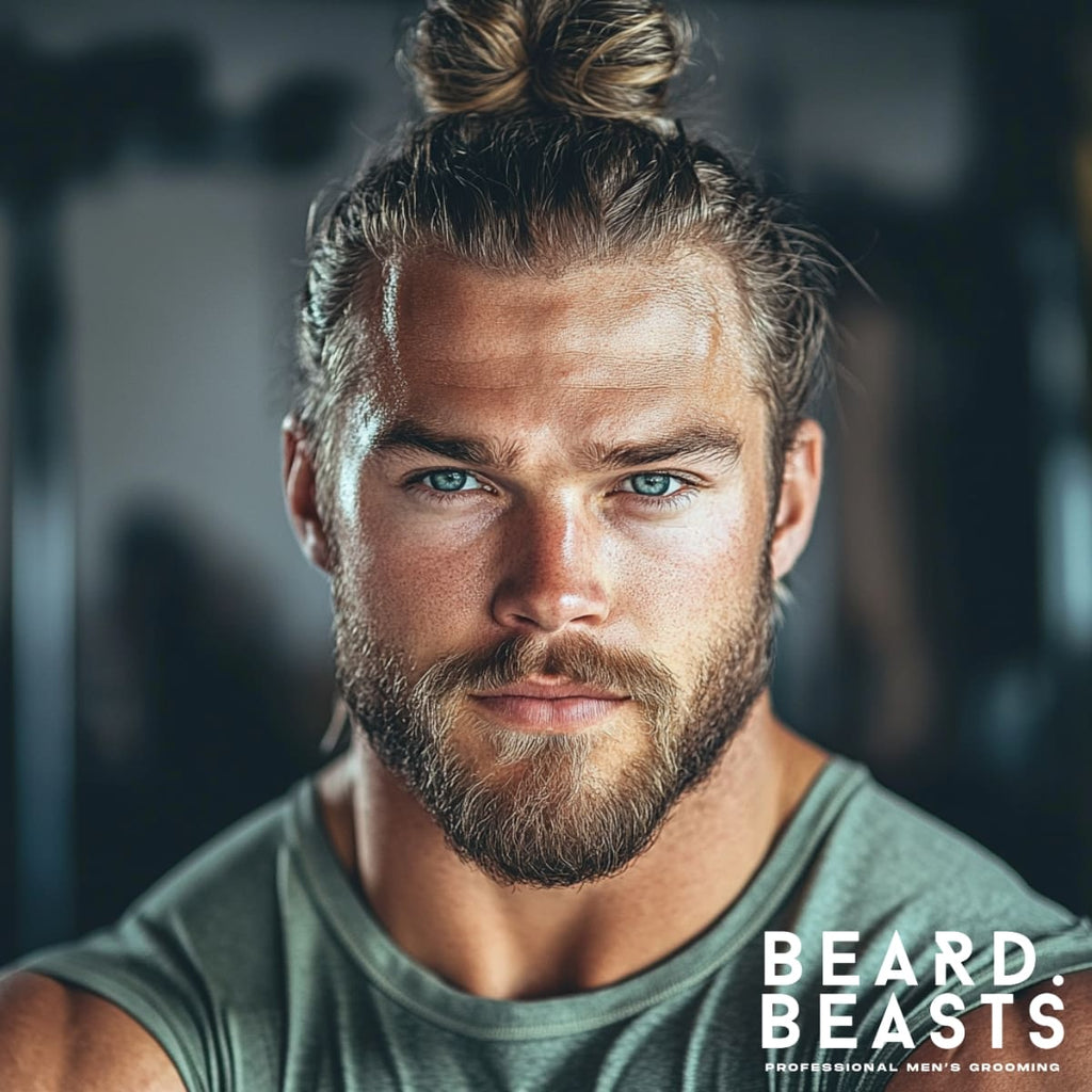 Portrait of a man with long hair styled into a neat man bun, paired with a full, well-groomed beard. The hairstyle highlights his facial features and creates a balanced, stylish look, blending ruggedness with a modern edge. His confident expression and athletic build complete the polished yet effortless vibe.