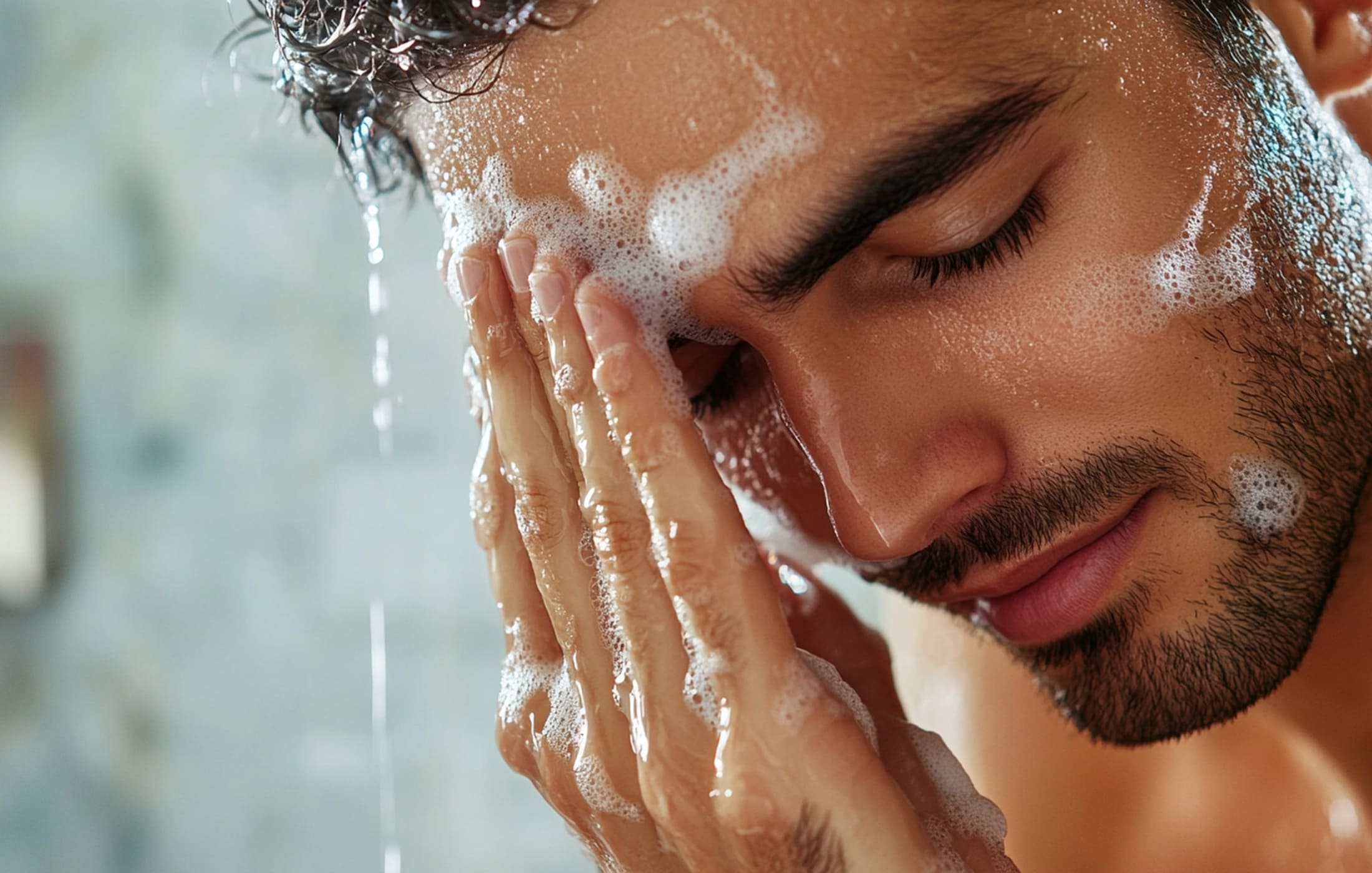 A close-up of a man with dark hair and a trimmed beard gently cleansing his face with a foamy cleanser, demonstrating effective skincare tips for men. His eyes are closed, enjoying the refreshing sensation as he washes away impurities. The serene, blurred background emphasizes the importance of daily cleansing in maintaining healthy skin.