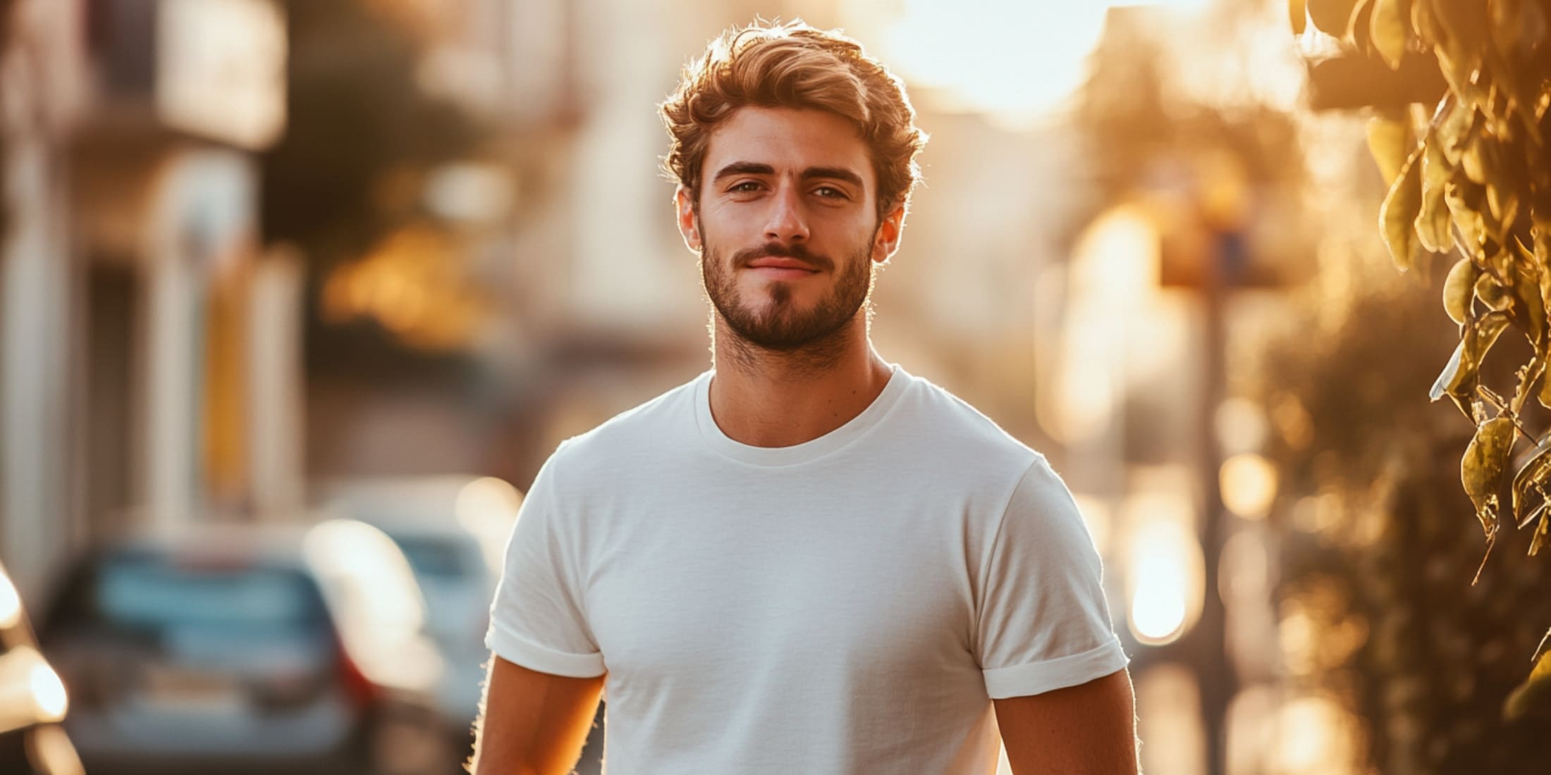 A male smiling confidently outdoors, wearing a fresh white cotton t-shirt, embracing a clean and simple look.