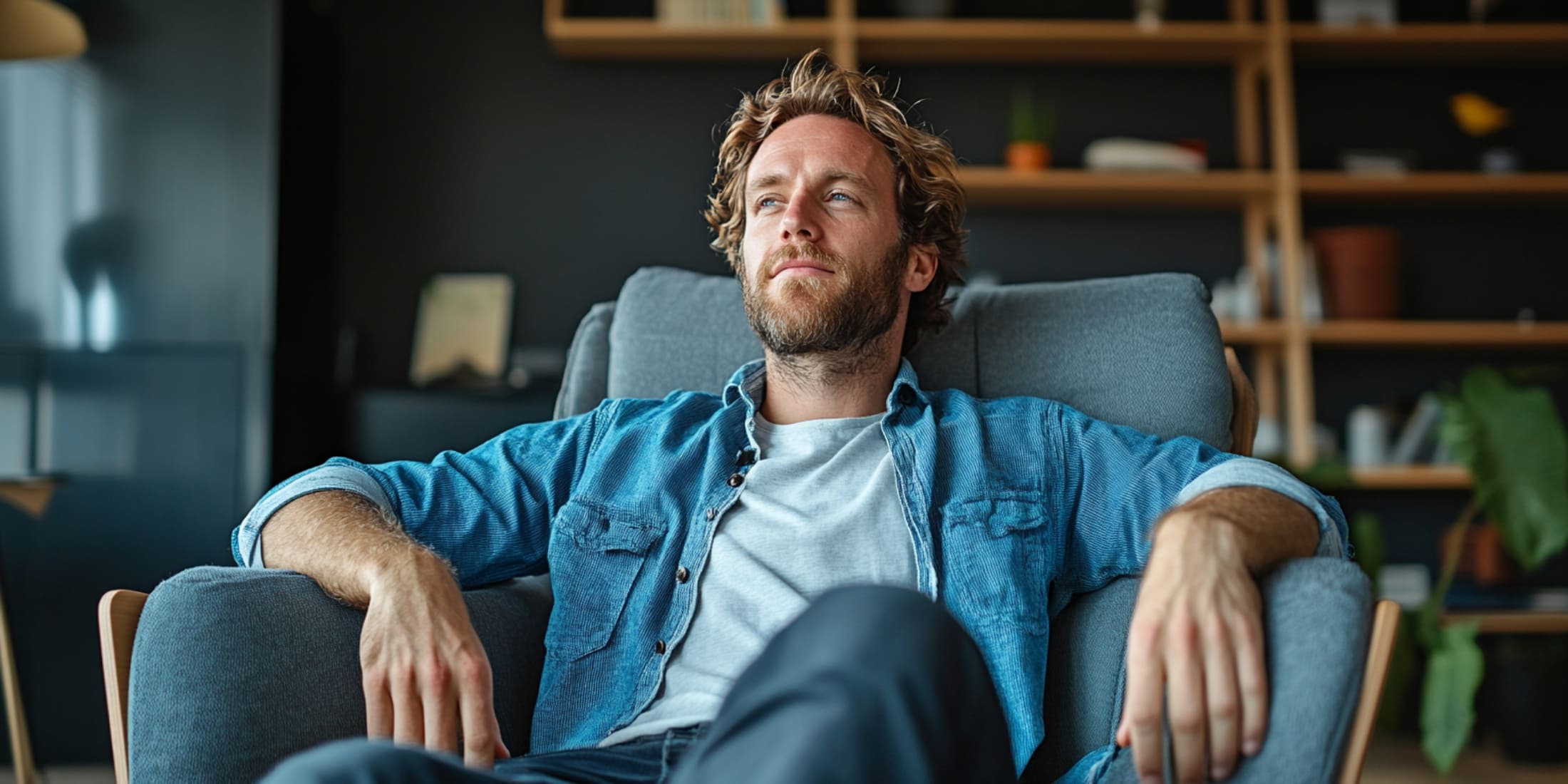 A relaxed man sits comfortably in an armchair, gazing thoughtfully into the distance, symbolizing mental health care and reflection. 