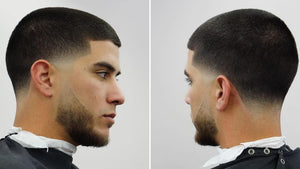 Side and back views of a man showcasing a buzz cut low taper haircut. 